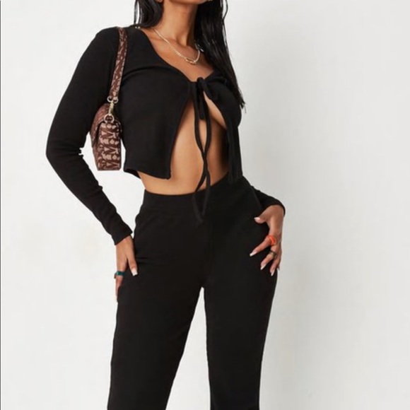 NWT SZ 12 Black Rib Tie Front Cardigan and Flares Trousers Co Ord Set Missguided - Picture 3 of 4